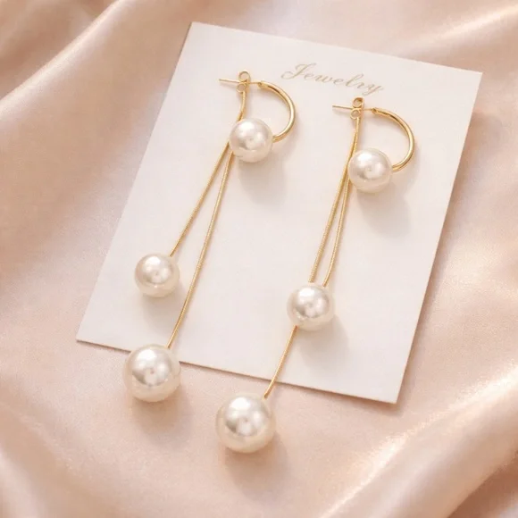 Gold Tone 2 Piece Triple Faux Pearl Elegant Earrings - Picture 4 of 4